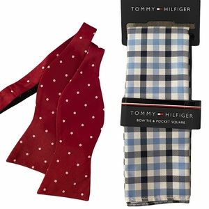 Tommy Hilfiger Silk Bow Tie and Cotton Pocket Square Polkadot Plaid Preppy Wed